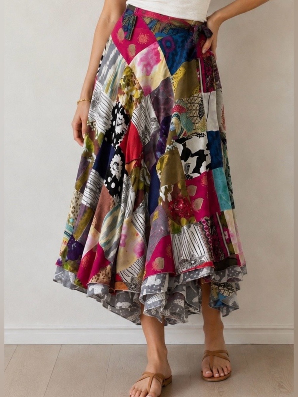 Boho Floral Colorful Patchwork Wrap Around Skirt Whimsygoth Hippie Medium - XL